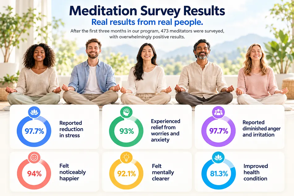 Meditation survey results from Santa Clara Meditation showing reported improvements in stress, anxiety, happiness, mental clarity, health, and anger reduction.
