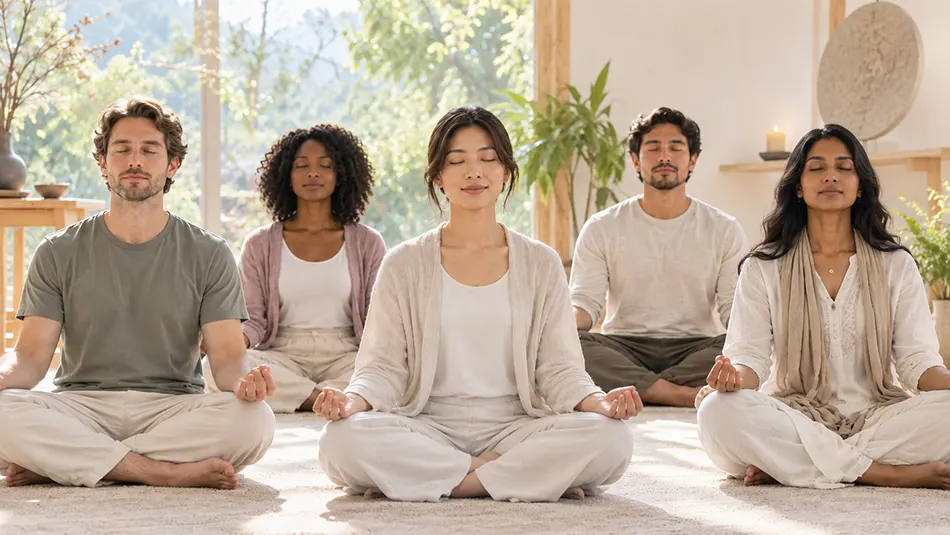 home new Diverse group meditating together at Santa Clara Meditation, with a Korean woman centered in the front and people of different backgrounds seated around her in a bright, peaceful room.