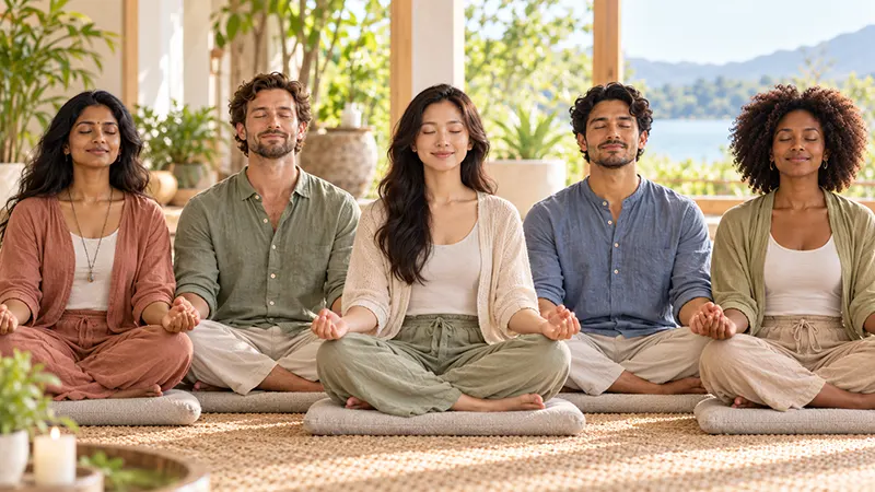 2026 home 800 Diverse group of five people meditating peacefully with eyes closed and gentle smiles at Santa Clara Meditation, representing mindfulness, inner peace, and unity.