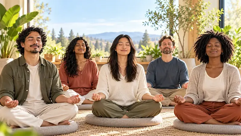 santa clara home 800 Diverse group meditating together at Santa Clara Meditation, with a Korean woman centered in the front and people of different backgrounds seated around her in a bright, peaceful room.