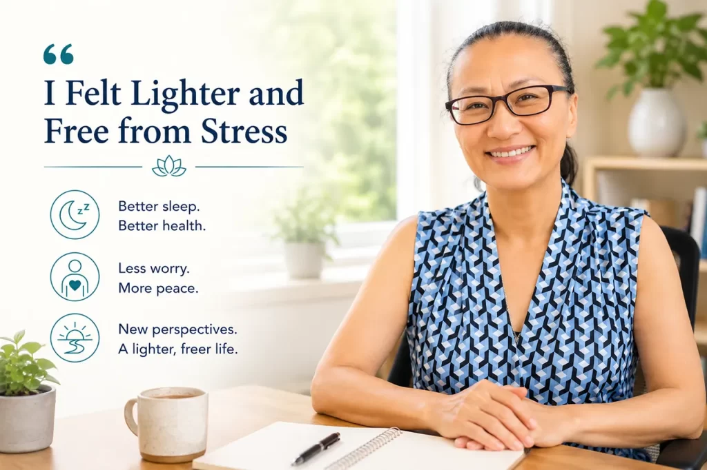 Woman experiencing stress relief inner peace better sleep and mental clarity through Master Woo Myung meditation at Santa Clara Meditation