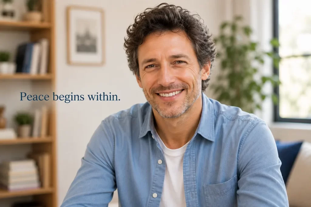 Man finding peace hope and emotional resilience during difficult times through Master Woo Myung meditation at Santa Clara Meditation