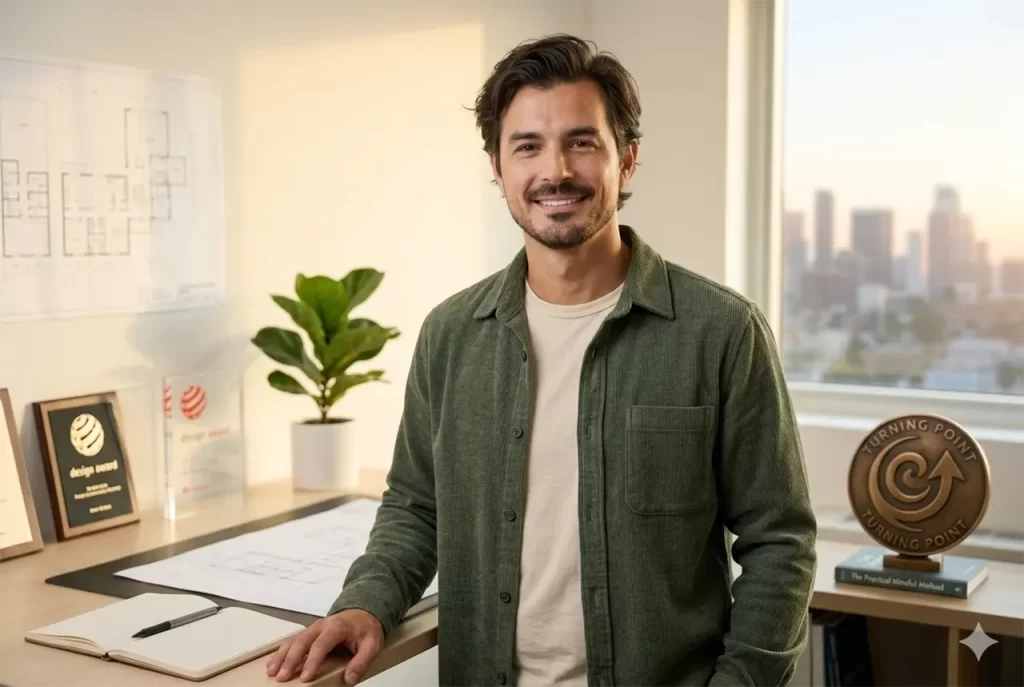 A designer discovering a positive turning point, emotional balance, and personal growth through Santa Clara Meditation based on Woo Myung methods.