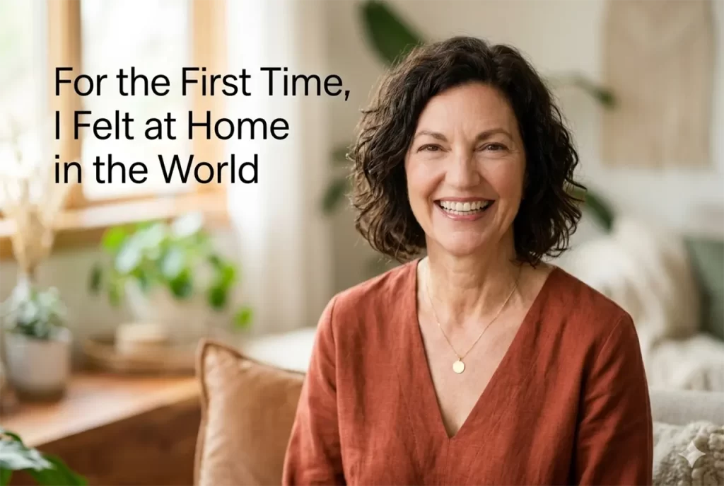 A person discovering true peace, living in the present moment, and letting go of anxiety through Santa Clara Meditation based on Woo Myung principles.