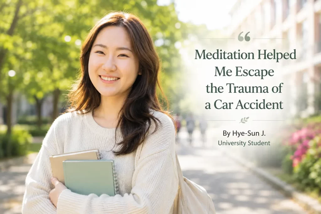 University student meditation testimonial about healing car accident trauma overcoming anxiety fear and emotional pain through Master Woo Myung meditation