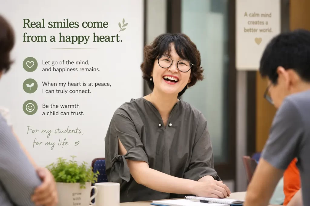Teacher meditation testimonial about genuine happiness authentic smile and self-discovery through Master Woo Myung meditation method at Santa Clara Meditation