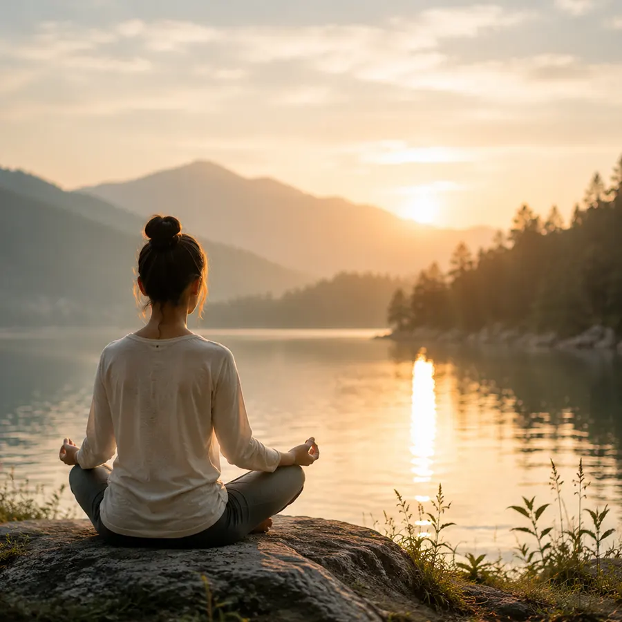 Person meditating peacefully by a lake at sunrise, reflecting on self-awareness, inner growth, and mindfulness through meditation.