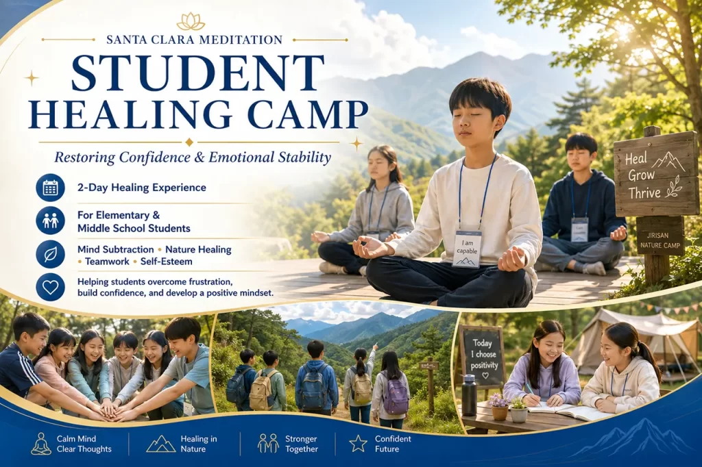 Students participating in a nature healing camp and mind subtraction meditation to restore confidence