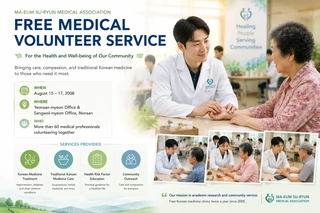 Volunteer medical professionals providing free Korean medicine care for residents in Nonsan through a community outreach program