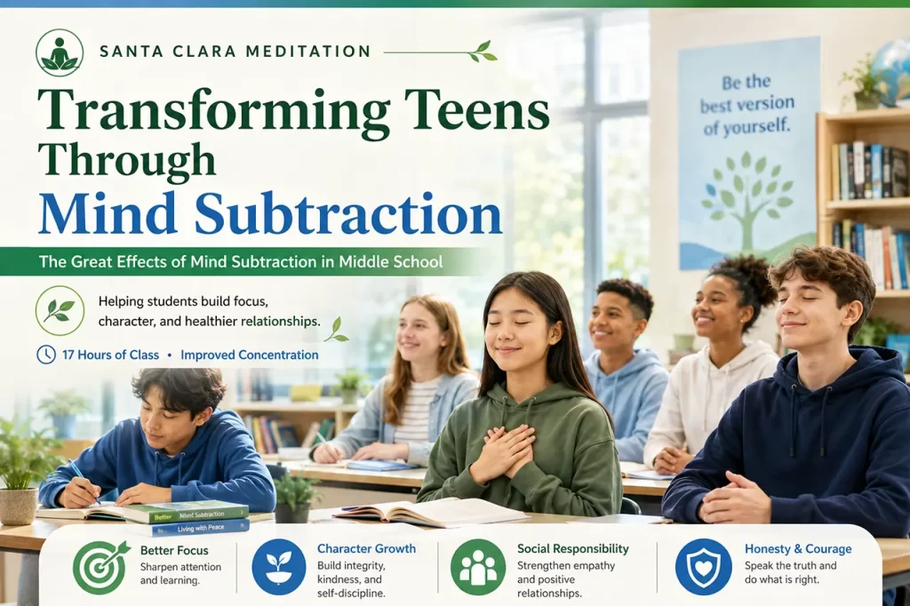 Middle school students sitting in a classroom, focusing and practicing meditation to improve their character and concentration