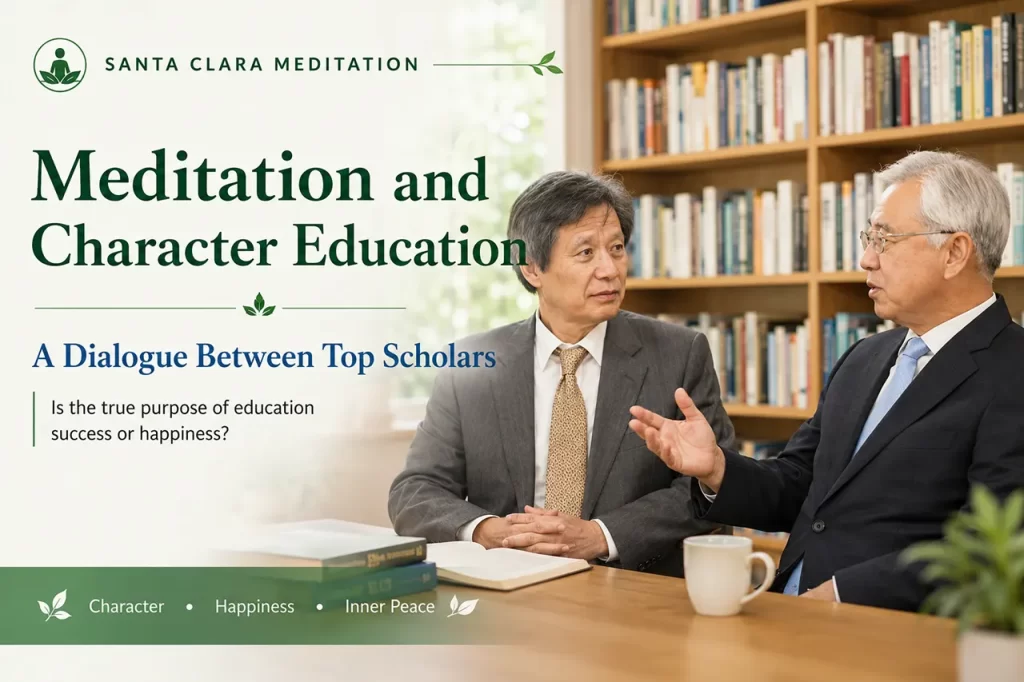 Two academic scholars discussing the future of character education and meditation for student happiness