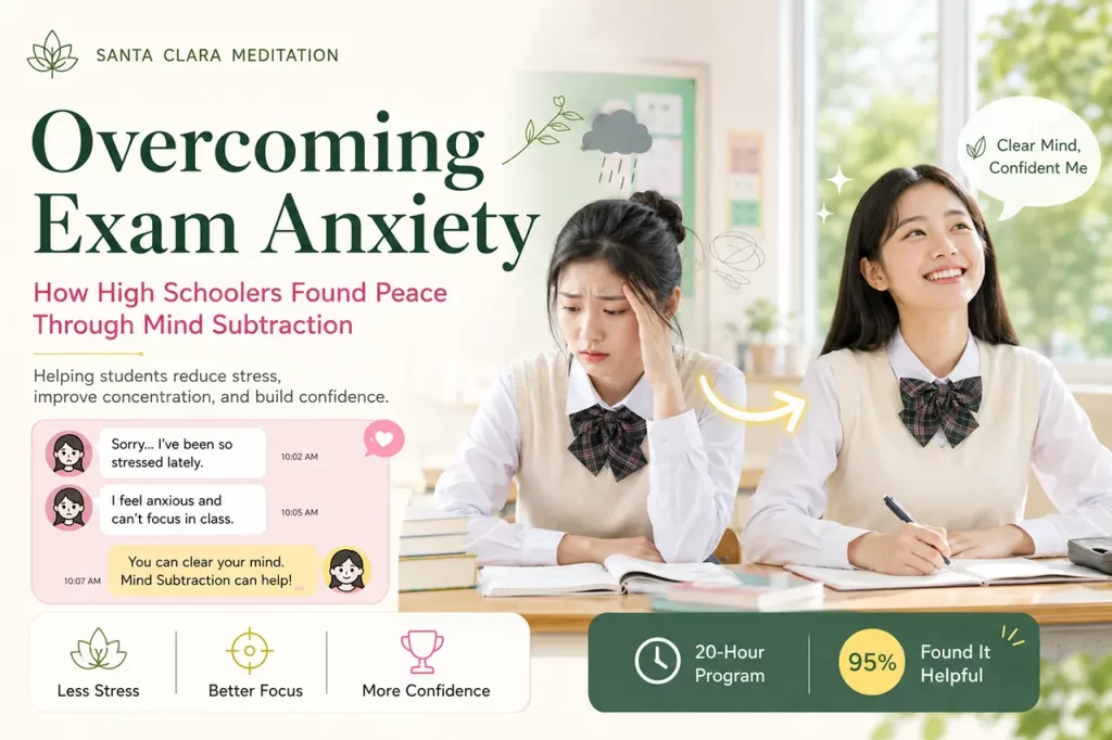 High school students meditating in a classroom to overcome exam anxiety and improve concentration