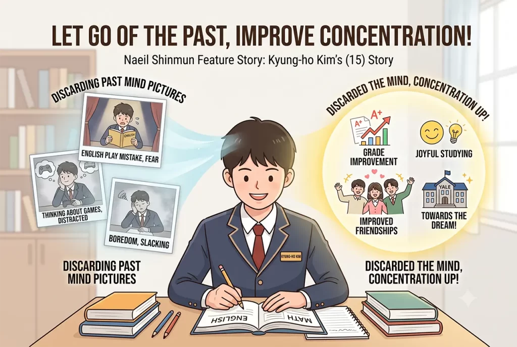 A student happily focusing on studying after improving concentration through mind meditation