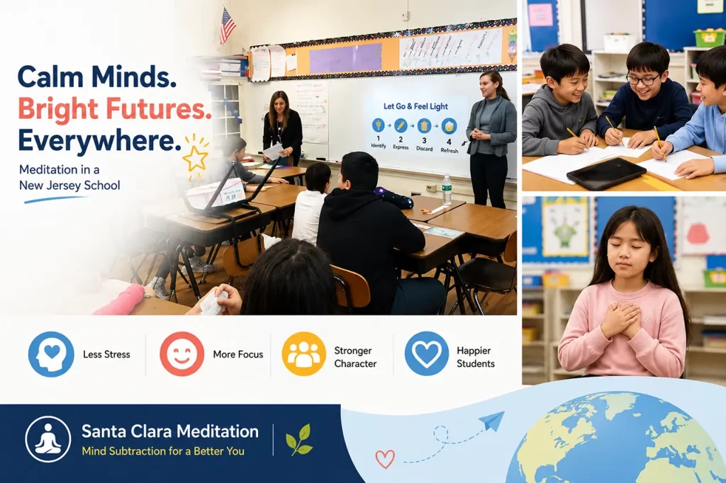 Elementary school children participating in a classroom meditation session for emotional wellness