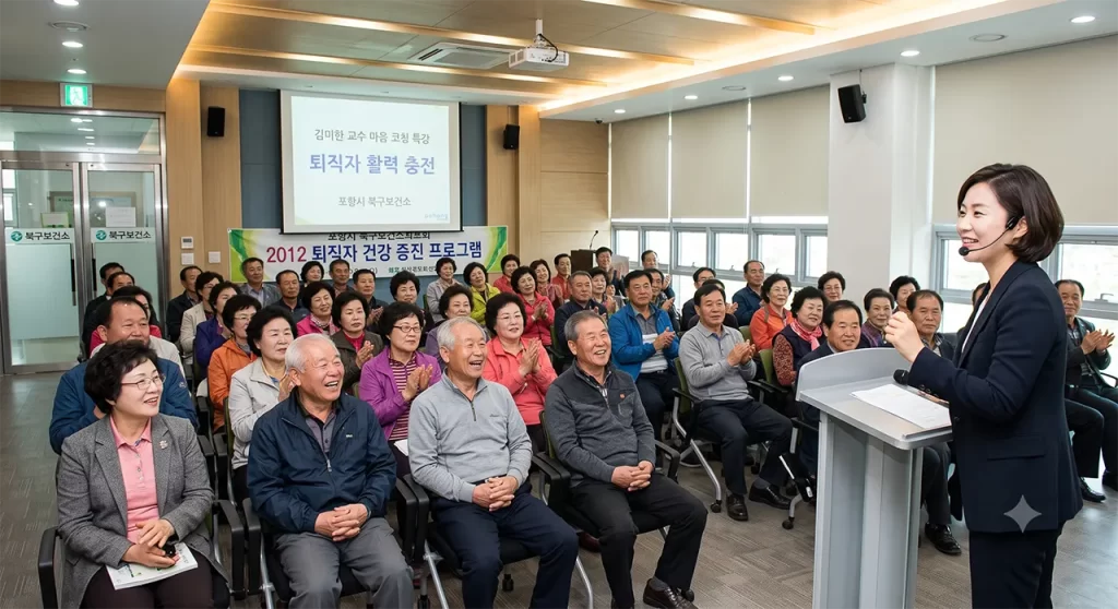 A happy group of retirees enjoying a healthy and energized post-retirement life through mind coaching and meditation