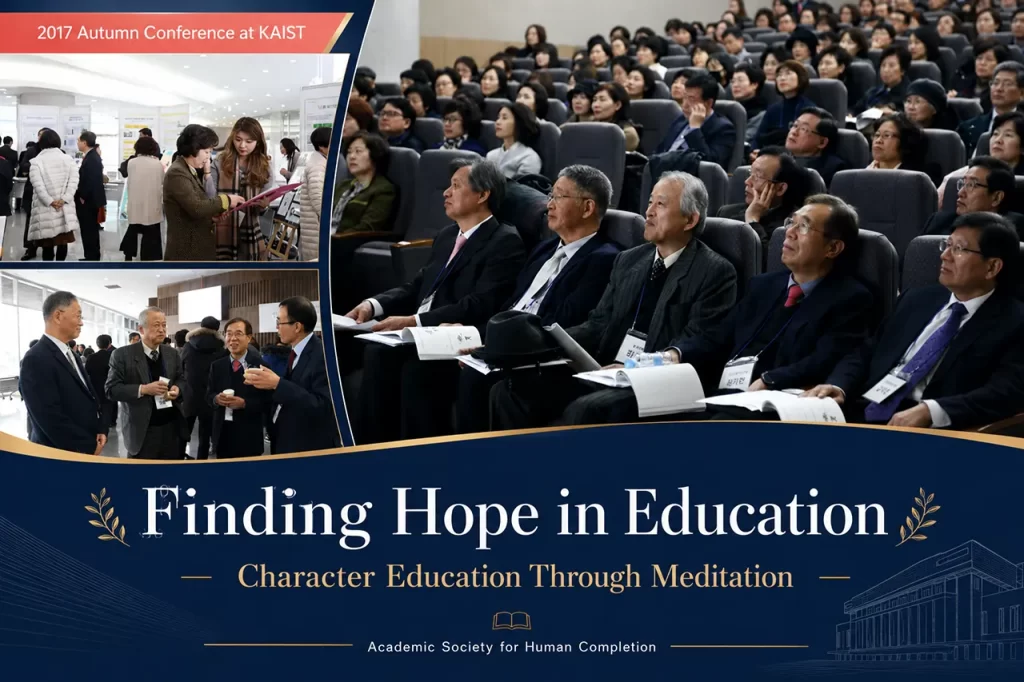 Educators gathered at a conference hall discussing character education and meditation for students