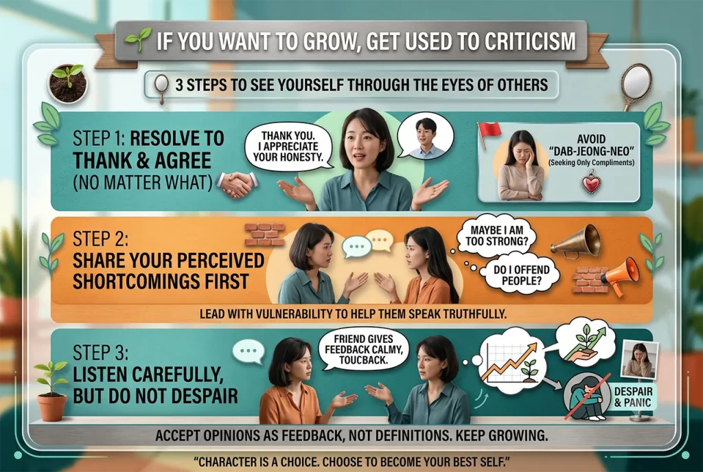 An infographic titled "If You Want to Grow, Get Used to Criticism: 3 Steps to See Yourself Through the Eyes of Others." It features photorealistic people demonstrating three steps. Step 1: "Resolve to Thank & Agree (No Matter What)," showing a woman expressing appreciation for honesty and a warning to avoid seeking only compliments ("Dab-jeong-neo"). Step 2: "Share Your Perceived Shortcomings First," depicting two women conversing to lead with vulnerability. Step 3: "Listen Carefully, But Do Not Despair," illustrating the acceptance of feedback for growth rather than falling into panic. The bottom quote reads: "Character is a choice. Choose to become your best self."