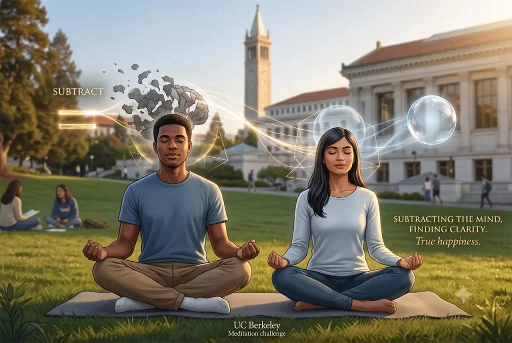 UC Berkeley college students practicing meditation to reduce stress and find true happiness