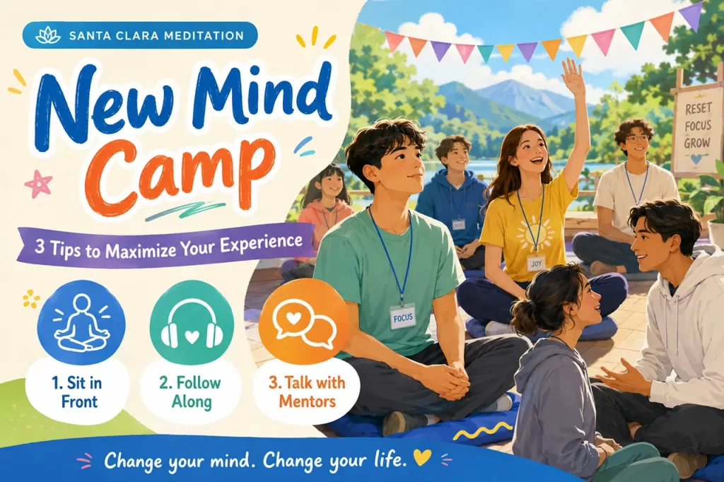 Young adults smiling and enjoying a group meditation camp to relieve college stress