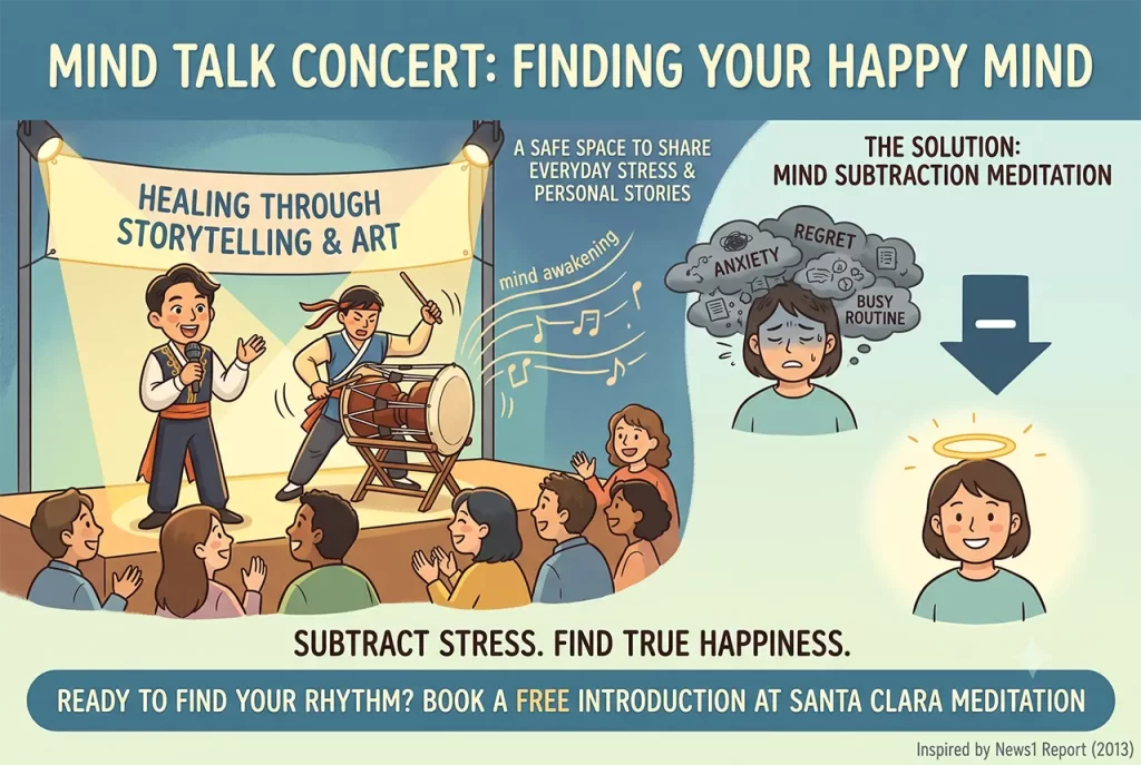 A peaceful and joyful audience finding a happy mind and stress relief through mind subtraction