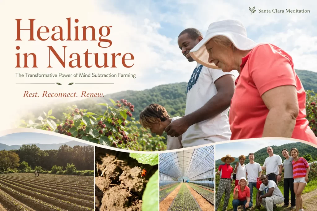 People joyfully harvesting vegetables and experiencing healing through a meditation farming program in nature