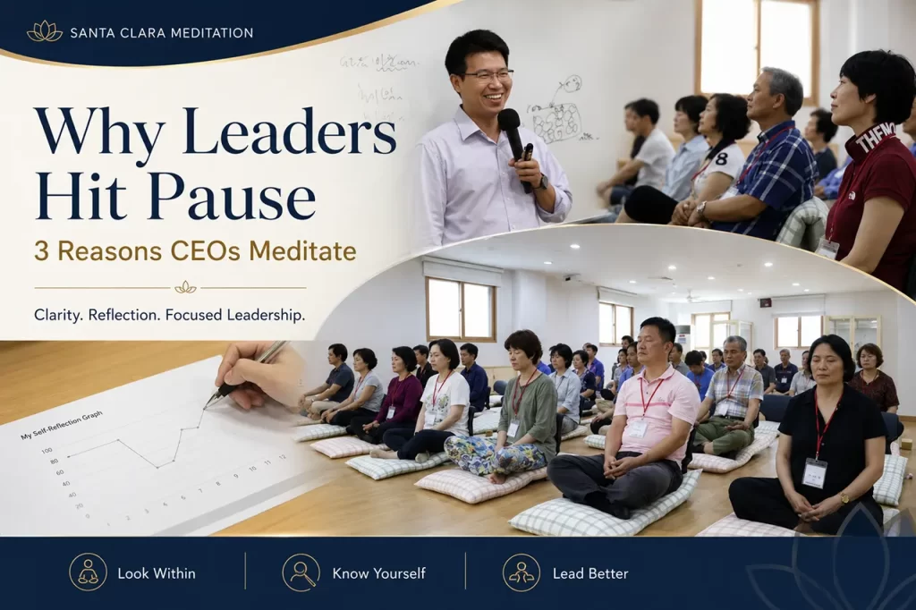 Business leaders participating in a walking meditation camp to improve focus and leadership