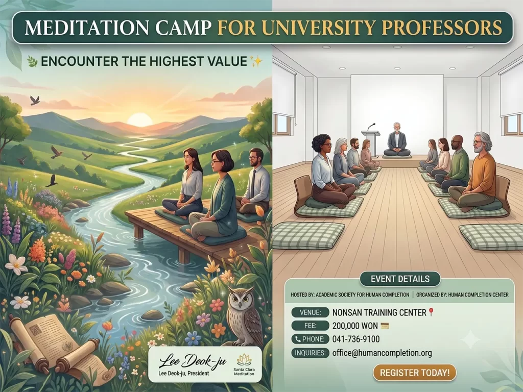 A serene meditation center surrounded by nature, perfect for a university professors' meditation camp