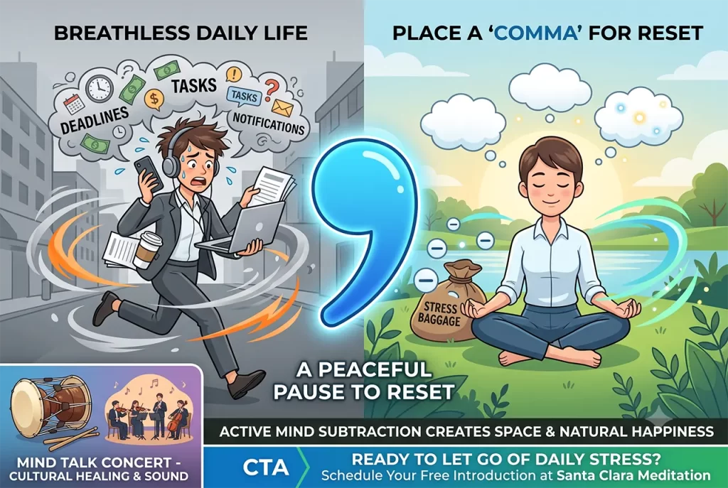 A person relaxing and placing a comma in their busy life to find a happy mind through meditation