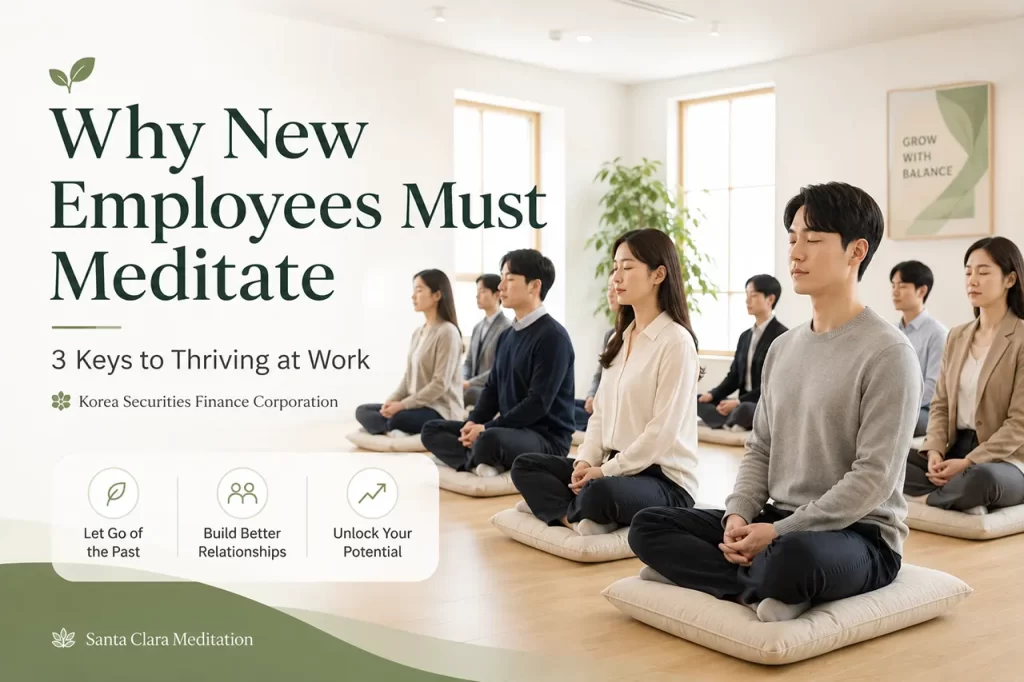 Group of new corporate employees practicing meditation to reduce workplace stress