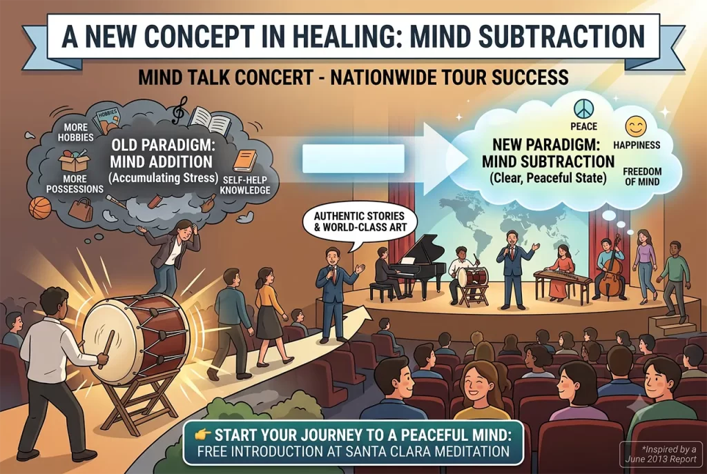 A large, inspired audience experiencing true mental healing and peace through a new concept of mind subtraction