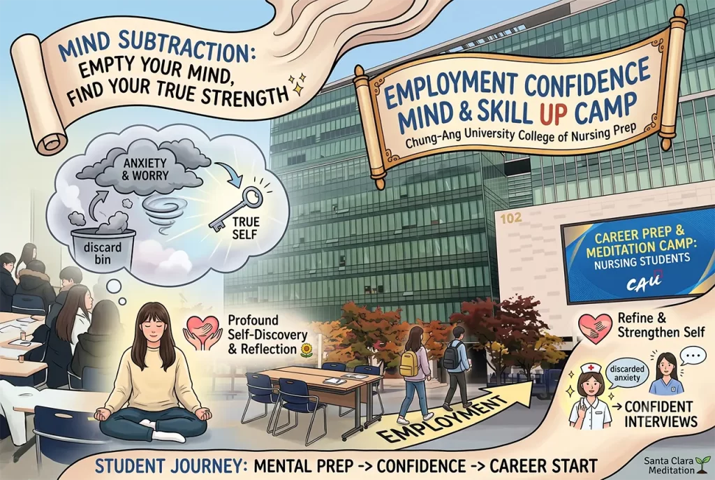 Nursing students participating in the Mind Subtraction Meditation Employment Support Camp at Chung-Ang University