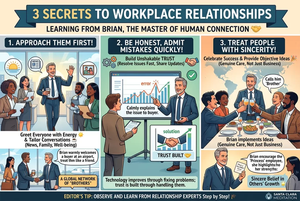 Business professionals smiling and shaking hands, demonstrating positive workplace relationships