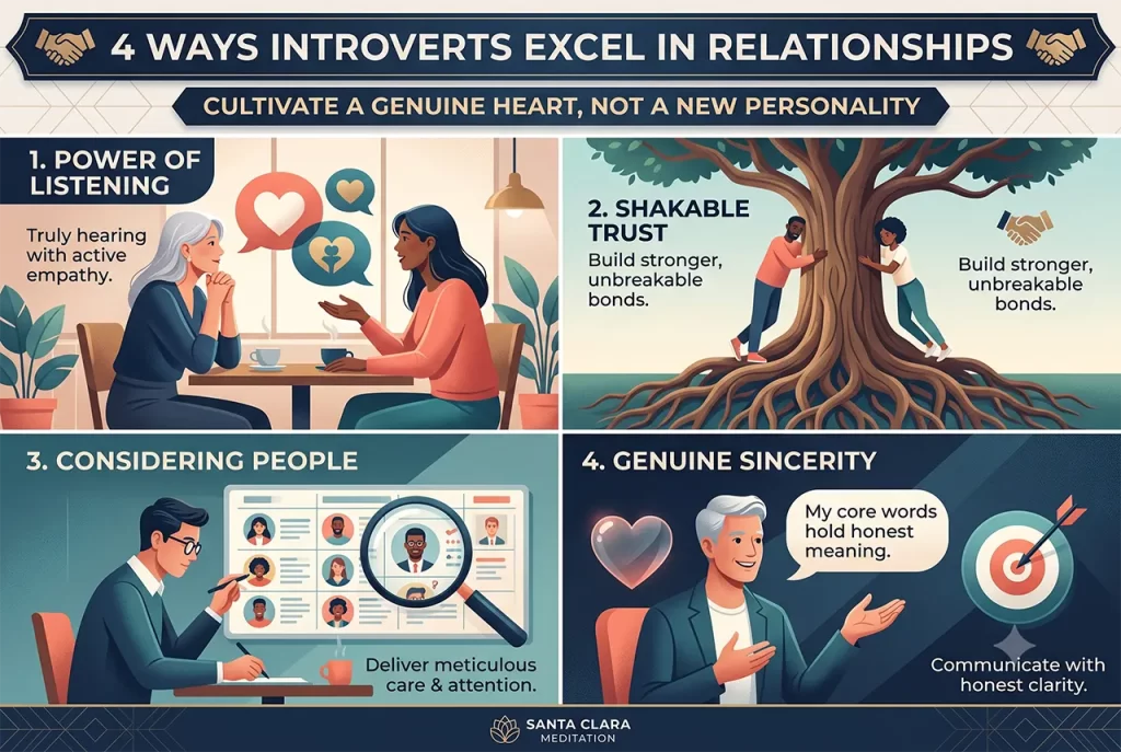 A calm and thoughtful introvert smiling, representing success in human relationships