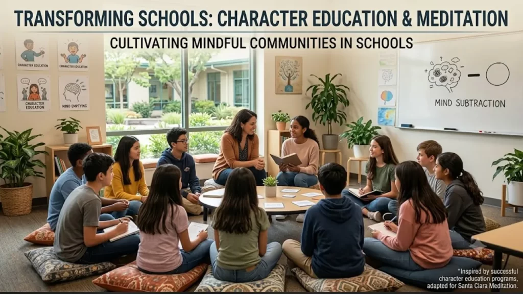 Happy students and teachers experiencing holistic character education and stress relief through mind meditation