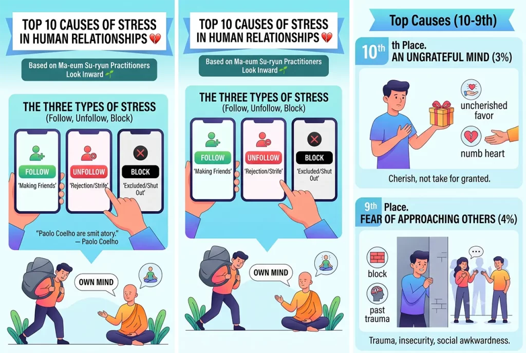 An infographic titled "Top 10 Causes of Stress in Human Relationships." The left side illustrates "The Three Types of Stress" using smartphone icons for Follow, Unfollow, and Block, alongside an illustration of a person carrying a heavy rock talking to a meditating monk about their "own mind." The right side details the 10th cause, "An Ungrateful Mind (3%)," showing a person taking a gift for granted, and the 9th cause, "Fear of Approaching Others (4%)," depicting a socially anxious person hiding behind a wall while others chat.