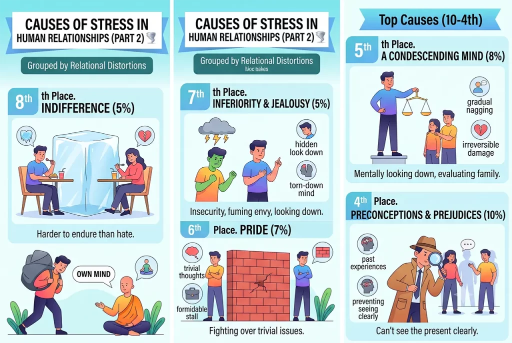 Part 2 of the infographic on causes of relationship stress. It visualizes five causes: the 8th cause, "Indifference (5%)," showing two people dining while separated by a giant ice block; the 7th cause, "Inferiority & Jealousy (5%)," illustrating a person fuming with green envy; the 6th cause, "Pride (7%)," showing two people standing stubbornly on opposite sides of a brick wall; the 5th cause, "A Condescending Mind (8%)," showing a person looking down at a family from a pedestal; and the 4th cause, "Preconceptions & Prejudices (10%)," depicting a detective looking at people through a magnifying glass shaped by past experiences.