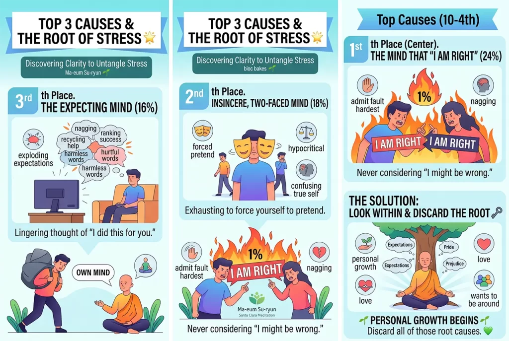 The final part of the relationship stress infographic focusing on the top 3 causes. It shows the 3rd cause, "The Expecting Mind (16%)," with a person lounging on a sofa expecting someone else to do chores; the 2nd cause, "Insincere, Two-Faced Mind (18%)," depicting a distressed person surrounded by theatrical masks representing a forced facade; and the 1st cause, "The Mind that 'I Am Right' (24%)," illustrating two angry people furiously arguing amidst flames. A final section titled "The Solution: Look Within & Discard the Root" shows a person meditating peacefully under a large tree, symbolizing personal growth and discarding negative minds.