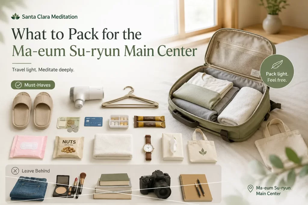 A neatly packed backpack with essentials for a comfortable meditation retreat