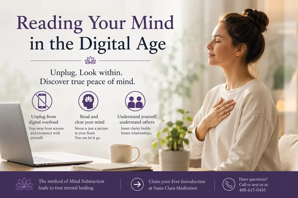 A person peacefully reading a book and reflecting on their mind to relieve stress in a digital world