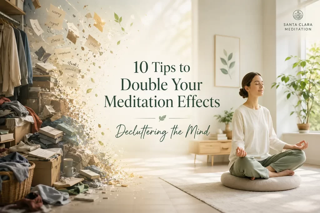 A clean, minimalist room representing a clear and decluttered mind through meditation