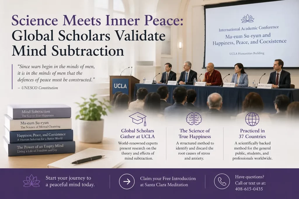 World-renowned scholars gathering at an international academic conference to discuss the science of mind subtraction and true happiness
