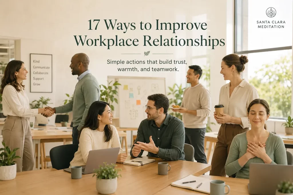 Two office coworkers smiling and handing each other coffee, representing positive workplace relationships