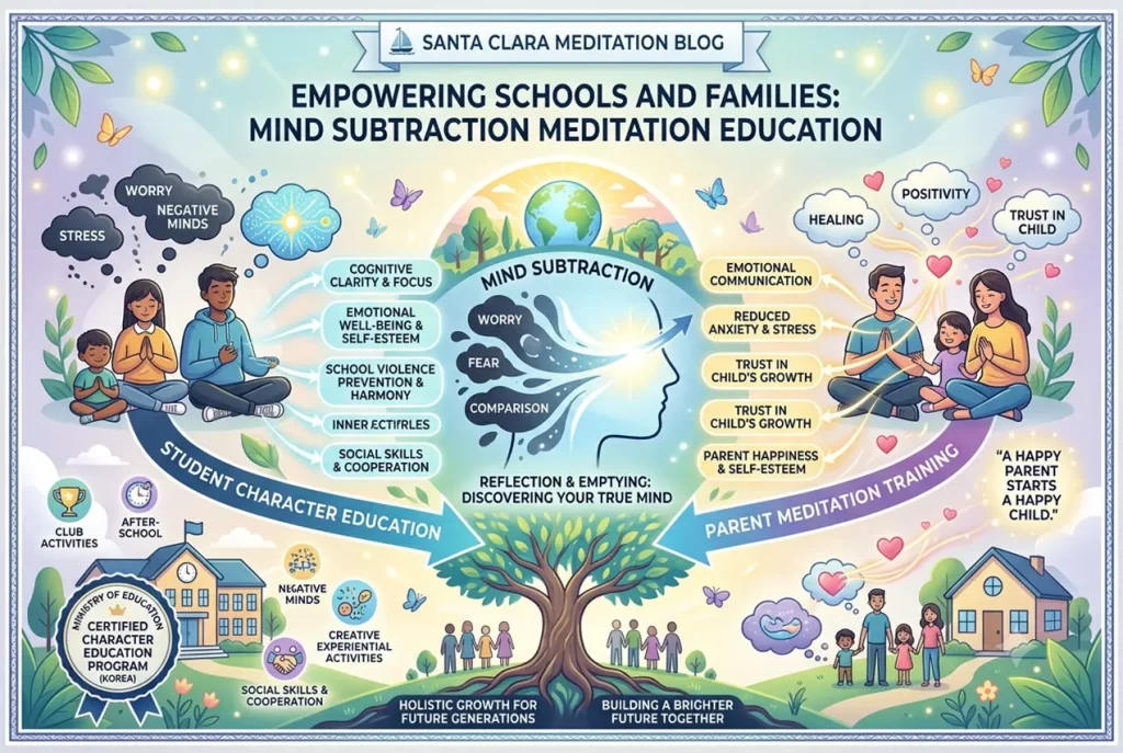 Students actively and happily participating in a Mind Subtraction meditation class at school