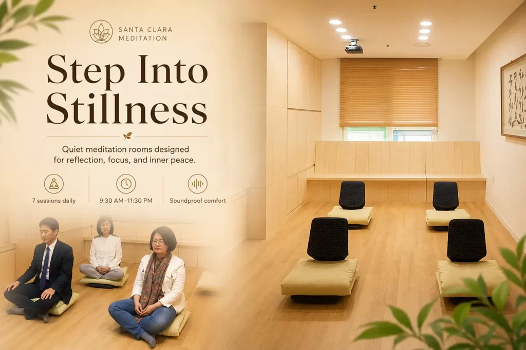 A graphic showcasing a bright, wood-lined meditation room at the Teheran-ro Meditation Center. Three individuals are sitting on floor cushions with their eyes closed in deep meditation. The text reads, "Step Into Stillness: Quiet meditation rooms designed for reflection, focus, and inner peace," and notes features such as 7 sessions daily, operating hours from 9:30 AM to 11:30 PM, and soundproof comfort.