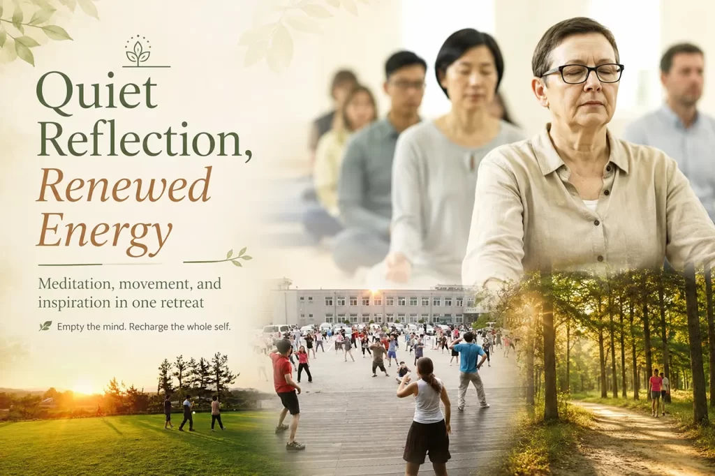 A promotional graphic titled "Quiet Reflection, Renewed Energy," featuring a serene woman meditating with her eyes closed, a large group of people exercising outdoors on the center grounds, a beautiful sunset over a vast green lawn, and a peaceful sunlit forest path, symbolizing the mind-body recharge experience at the Nonsan Main Center.