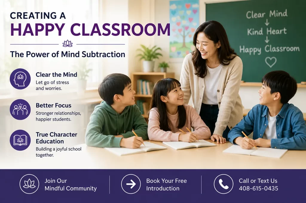 A peaceful, sunlit modern classroom setting symbolizing a happy educational environment without stress
