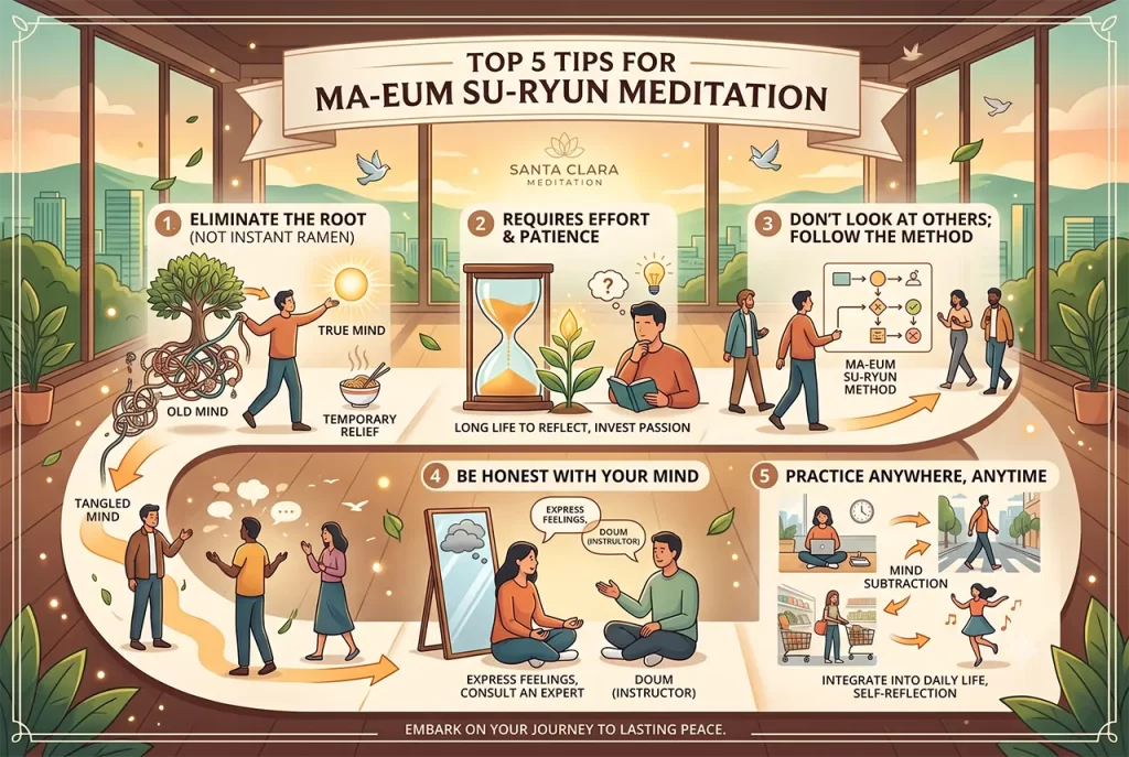 A peaceful individual practicing meditation anywhere, applying the top 5 tips for Ma-eum Su-ryun