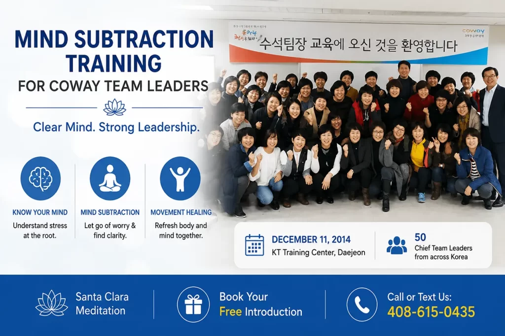 Coway team leaders participating in workplace stress management training through self-reflection and Mind Subtraction meditation