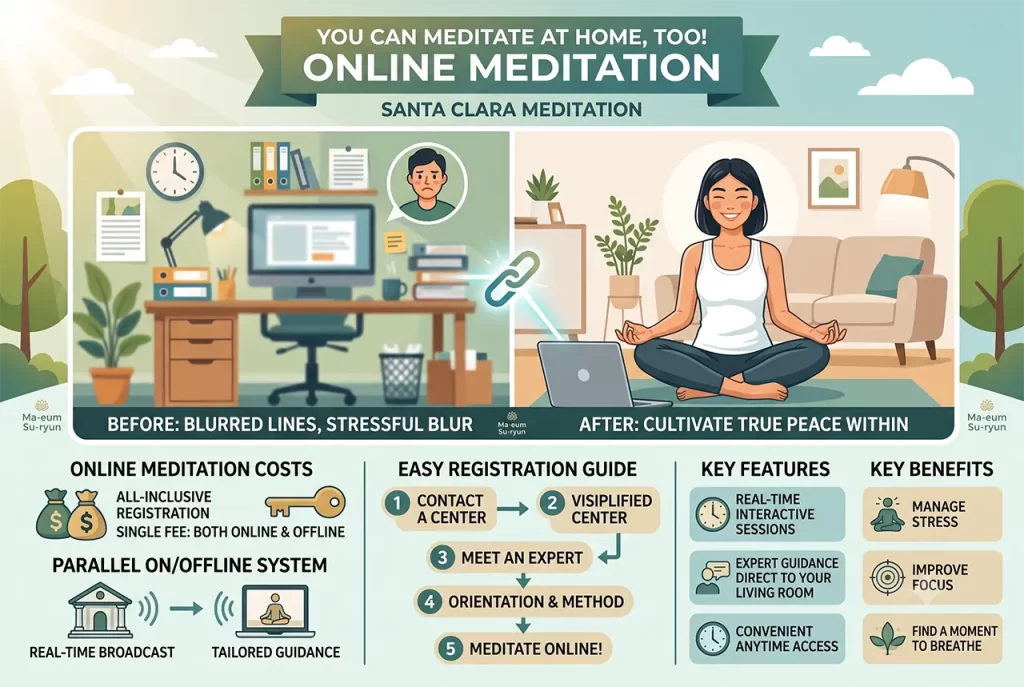 A person sitting comfortably at home participating in a real-time online meditation session via laptop