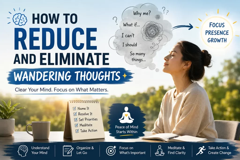 A focused person working peacefully without wandering thoughts, representing a clear and calm mind
